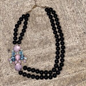 BLACK bead necklace with rhinestone accent piece